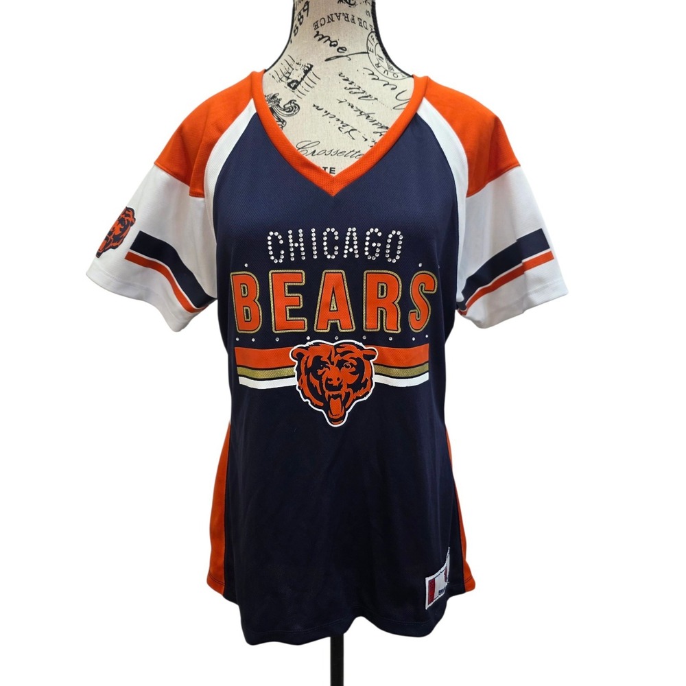 Majestic Women's Large Chicago Bears Rhinestone Jersey Tee Y2K Game Day Top